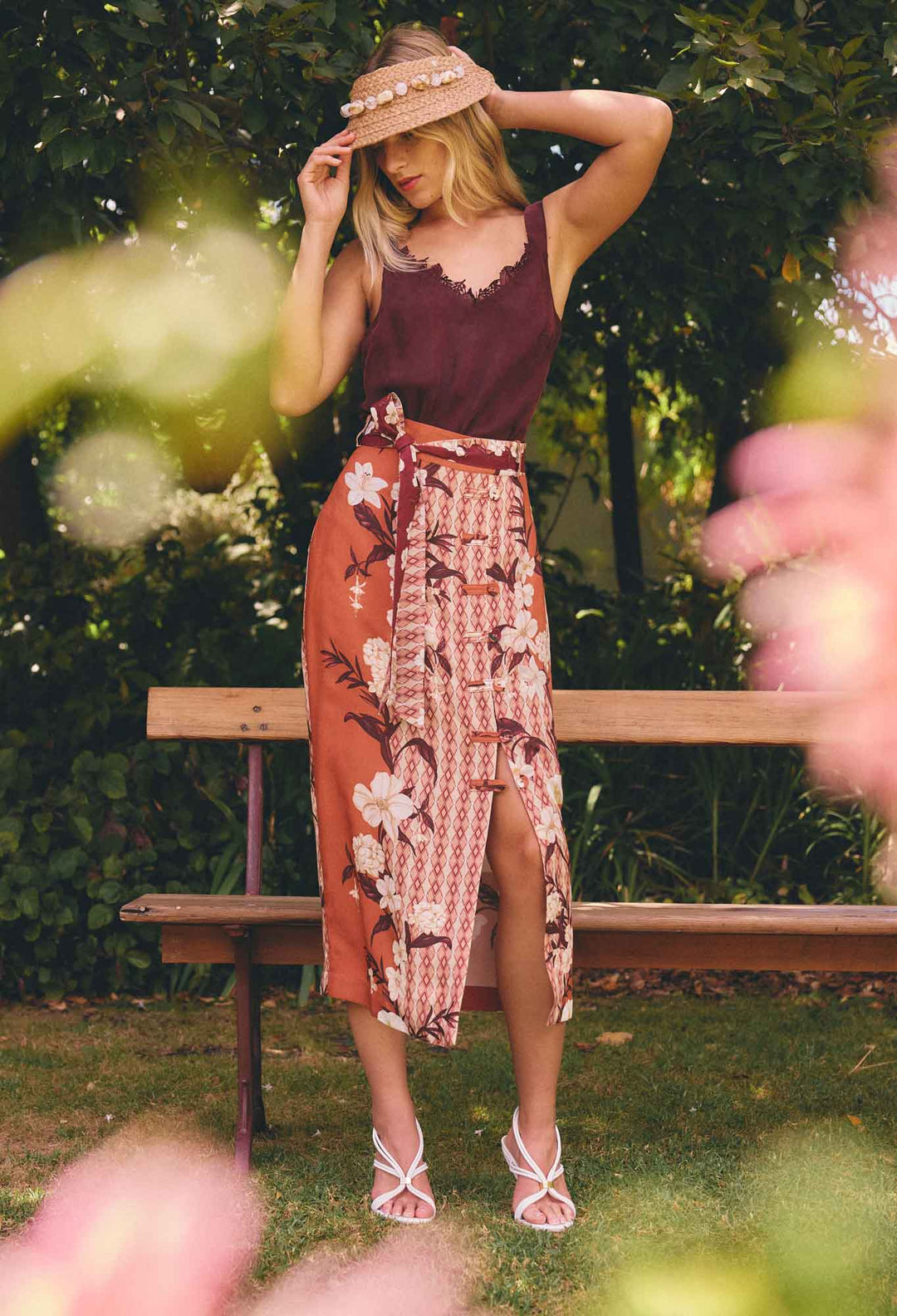 OnceWas Adria Viscose Faille Button Detail Printed Midi Skirt in Amber Vine