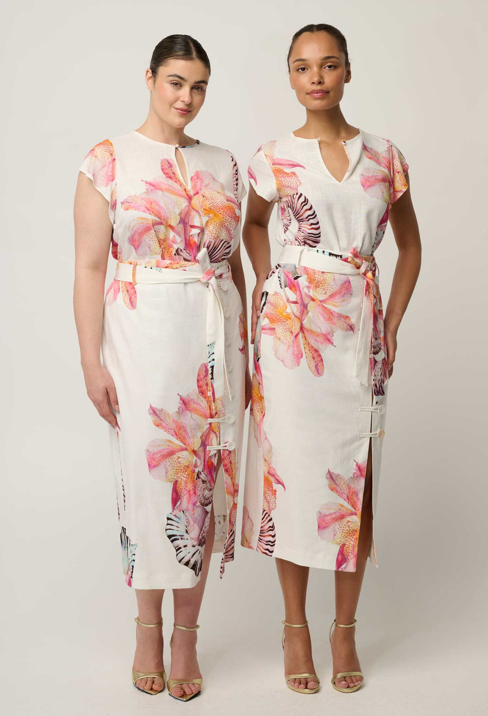 Adria Linen Viscose Button Printed Midi Skirt in Nautilus Bloom