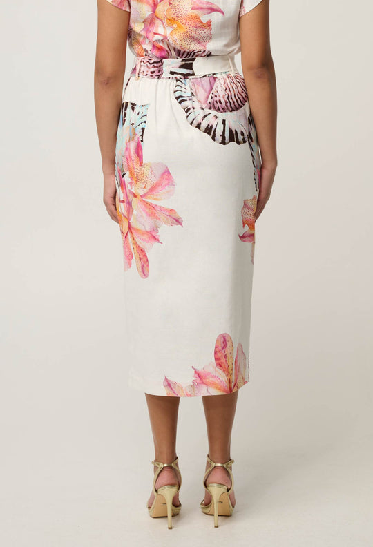 Adria Linen Viscose Button Printed Midi Skirt in Nautilus Bloom