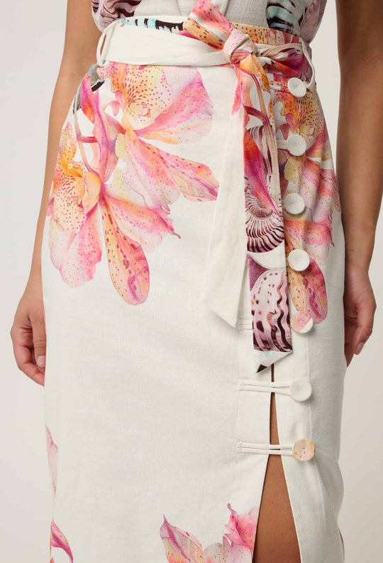 Adria Linen Viscose Button Printed Midi Skirt in Nautilus Bloom