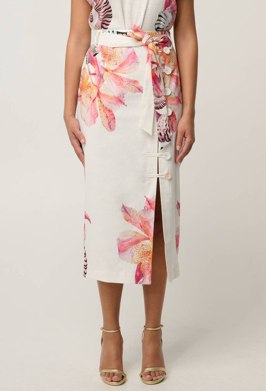 Adria Linen Viscose Button Printed Midi Skirt in Nautilus Bloom