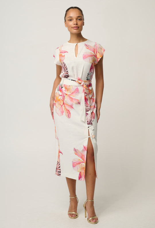 Adria Linen Viscose Button Printed Midi Skirt in Nautilus Bloom