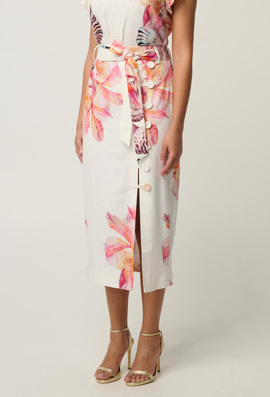 Adria Linen Viscose Button Printed Midi Skirt in Nautilus Bloom