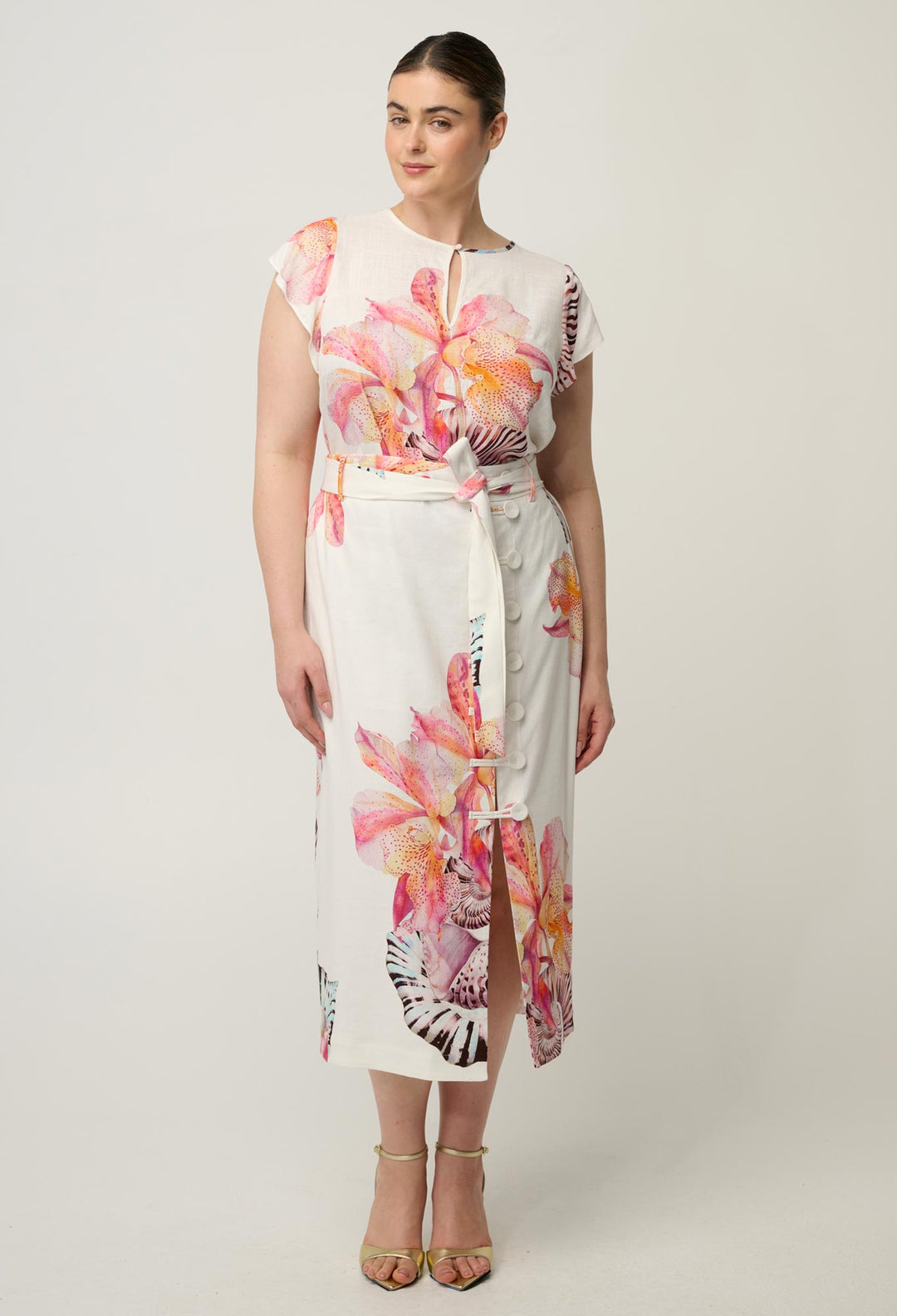 Adria Linen Viscose Button Printed Midi Skirt in Nautilus Bloom