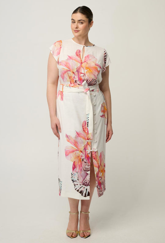 Adria Linen Viscose Button Printed Midi Skirt in Nautilus Bloom