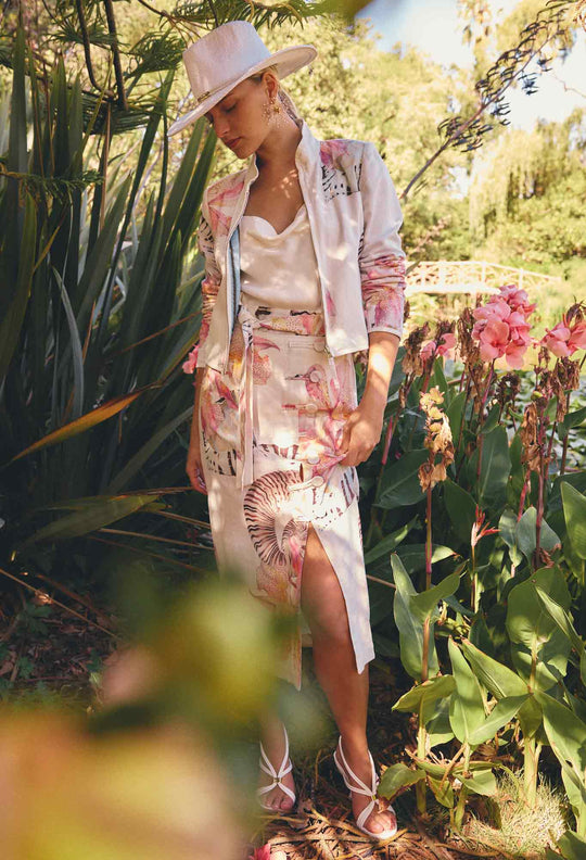 Adria Linen Viscose Button Printed Midi Skirt in Nautilus Bloom