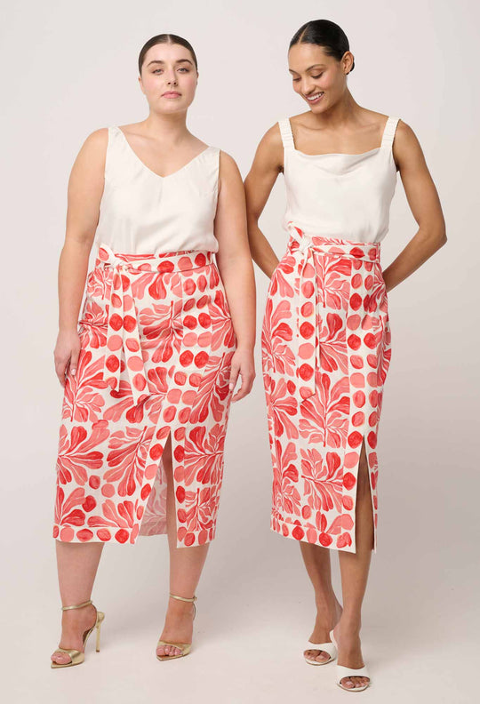 Zenobia Contrast Trim Viscose Linen Midi Skirt in Soleil Pavilion
