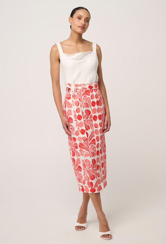 Zenobia Contrast Trim Viscose Linen Midi Skirt in Soleil Pavilion