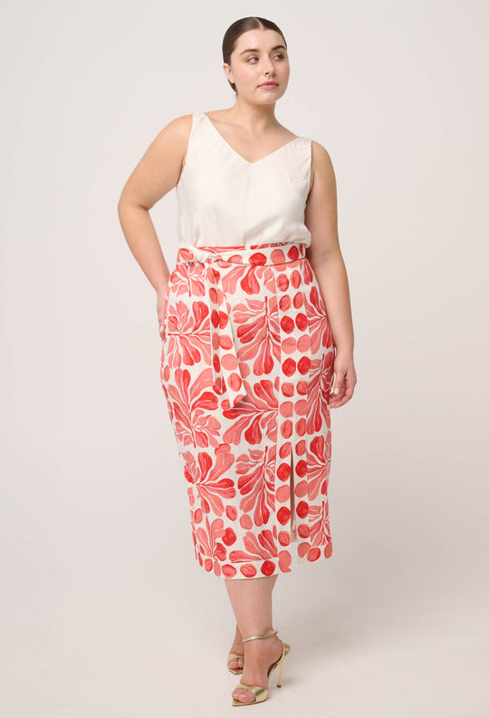 Zenobia Contrast Trim Viscose Linen Midi Skirt in Soleil Pavilion