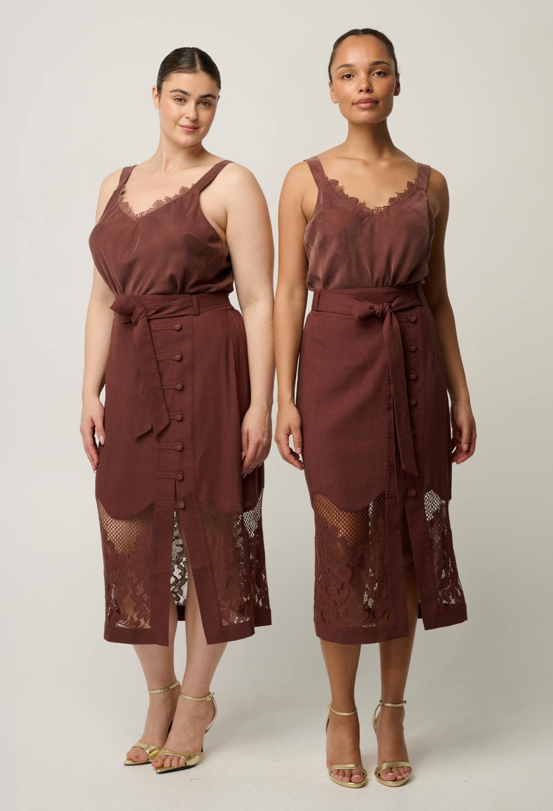 OnceWas Solene Linen Viscose Midi Placement Lace Skirt in Rosewood