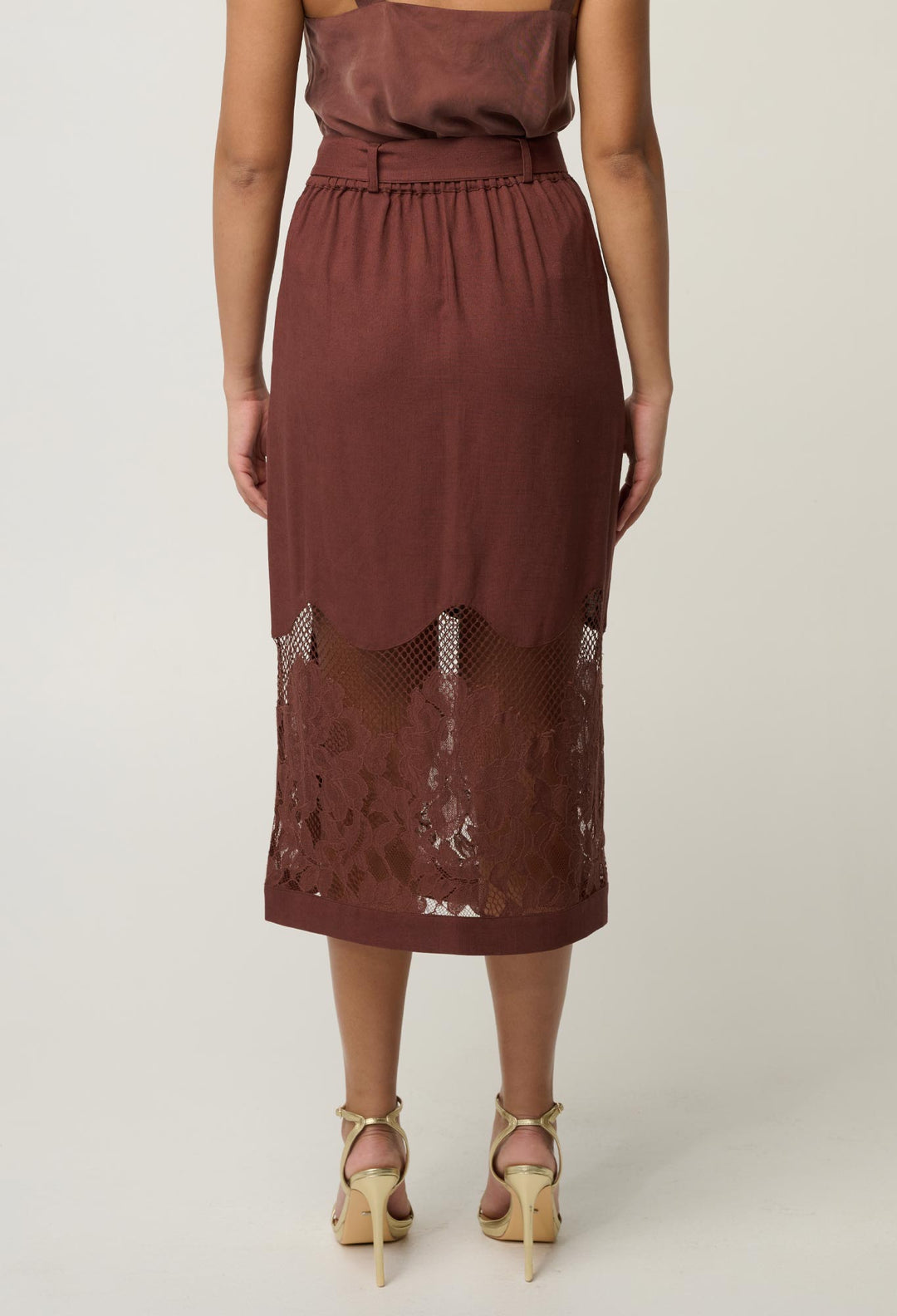 OnceWas Solene Linen Viscose Midi Placement Lace Skirt in Rosewood