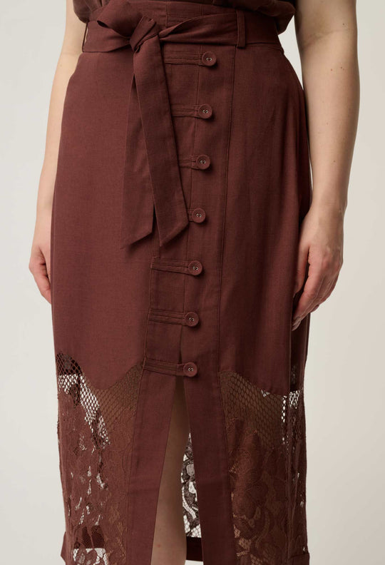 UNDER 5'4 Solene Linen Viscose Lace Midi Skirt in Rosewood