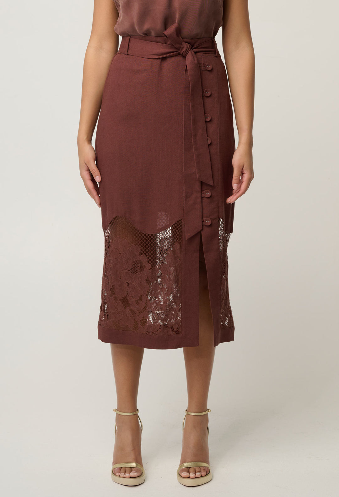 OnceWas Solene Linen Viscose Midi Placement Lace Skirt in Rosewood