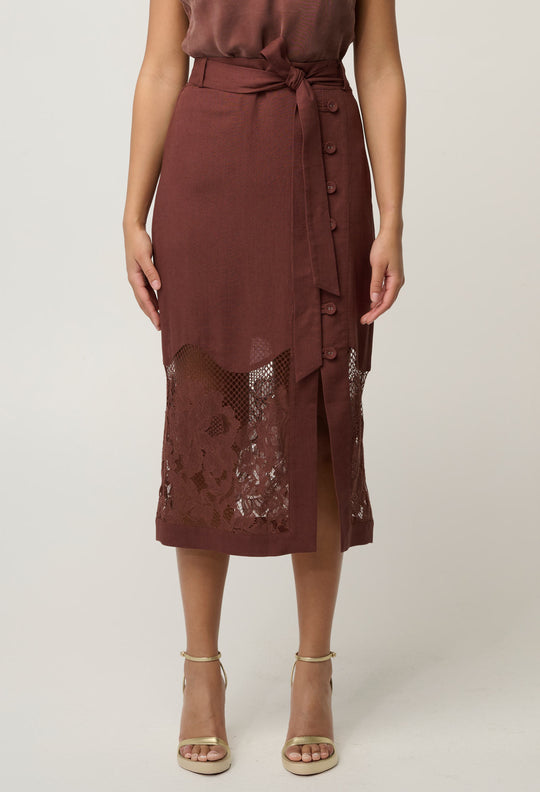 OnceWas Solene Linen Viscose Midi Placement Lace Skirt in Rosewood