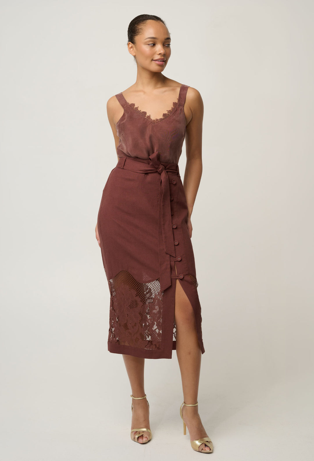 OnceWas Solene Linen Viscose Midi Placement Lace Skirt in Rosewood