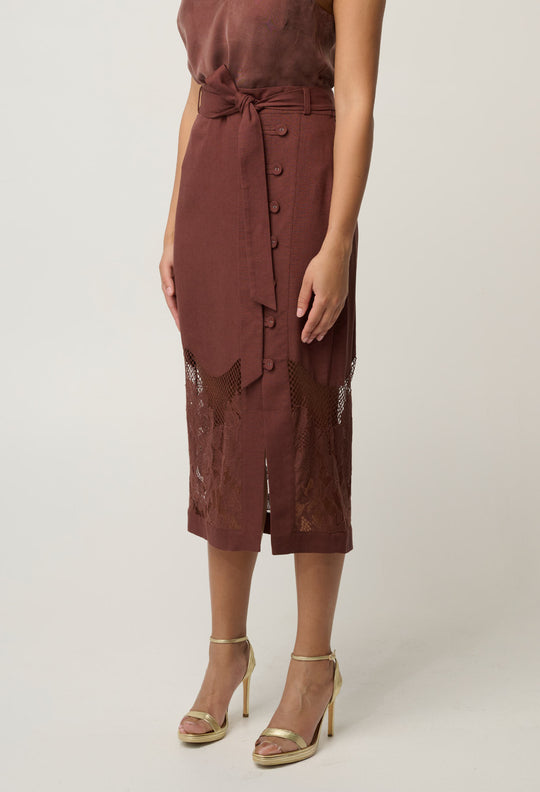 OnceWas Solene Linen Viscose Midi Placement Lace Skirt in Rosewood