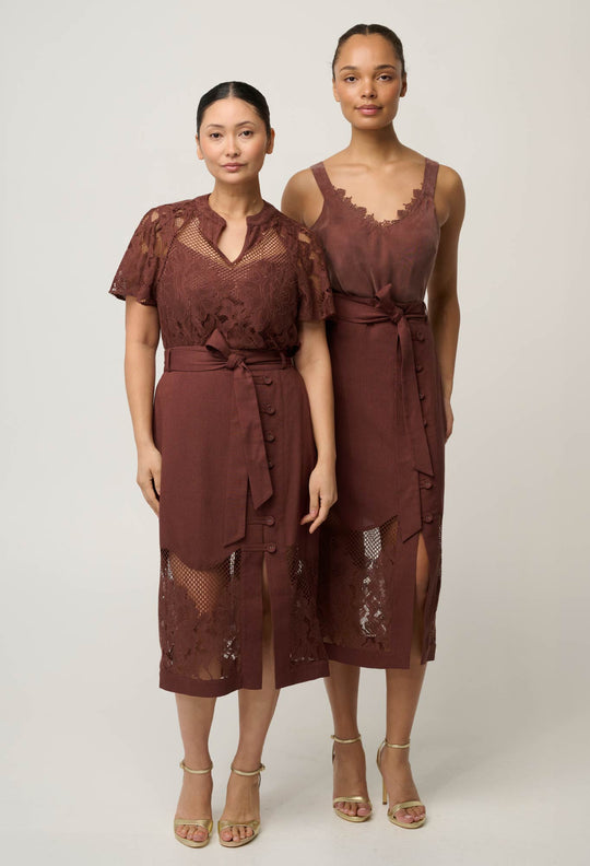 OnceWas UNDER 5'4 Solene Linen Viscose Lace Midi Skirt in Rosewood