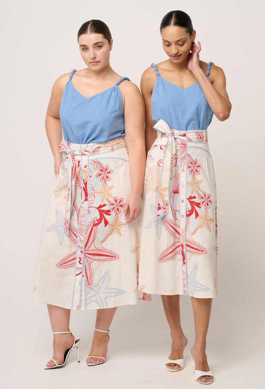 Selvia Viscose Linen Contrast Bind Skirt in Maritime Jewel
