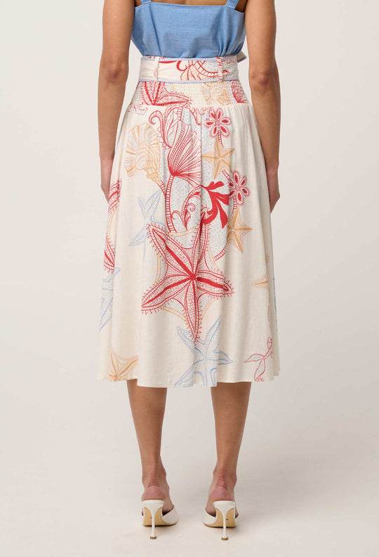 Selvia Viscose Linen Contrast Bind Skirt in Maritime Jewel
