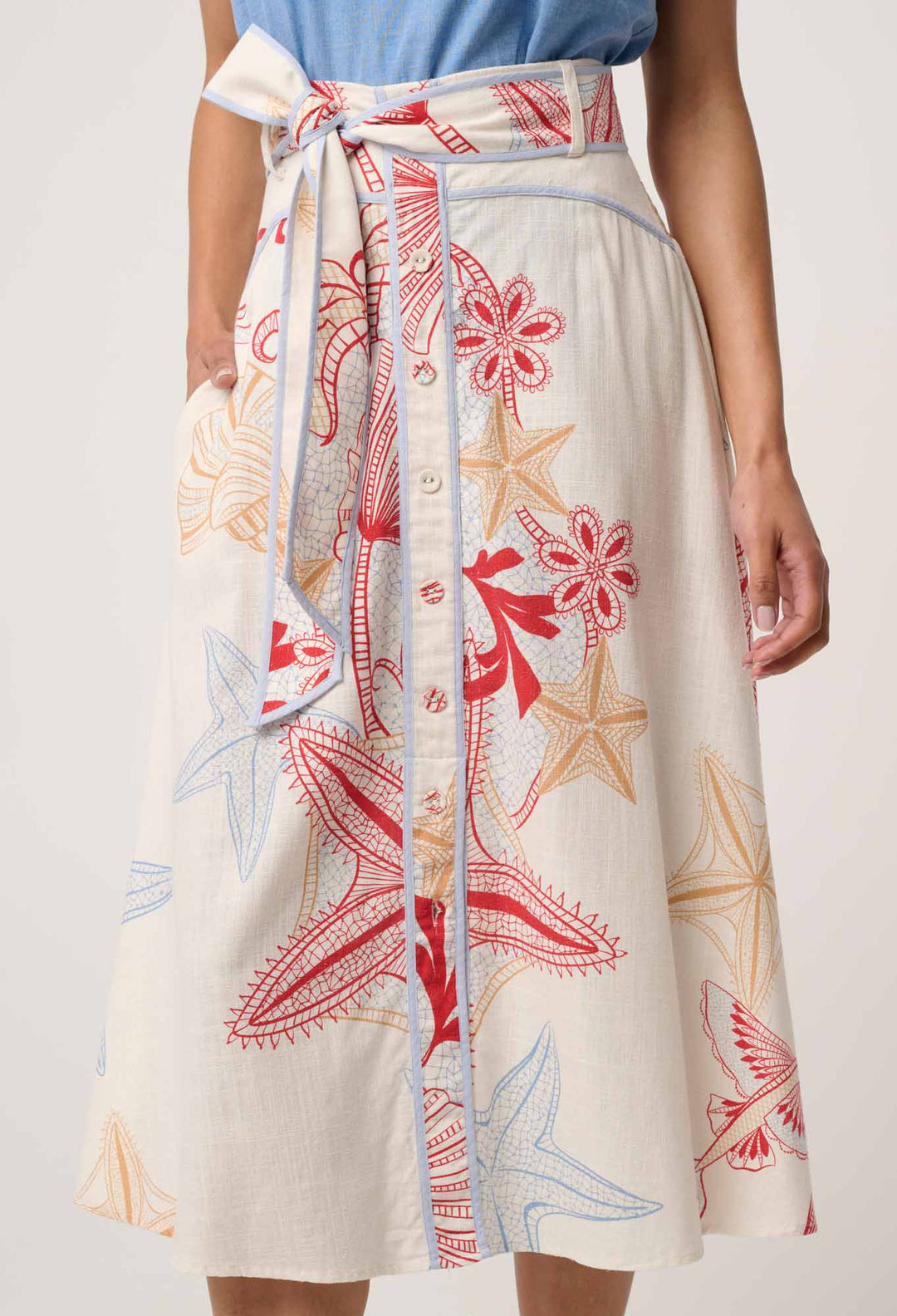 Selvia Viscose Linen Contrast Bind Skirt in Maritime Jewel