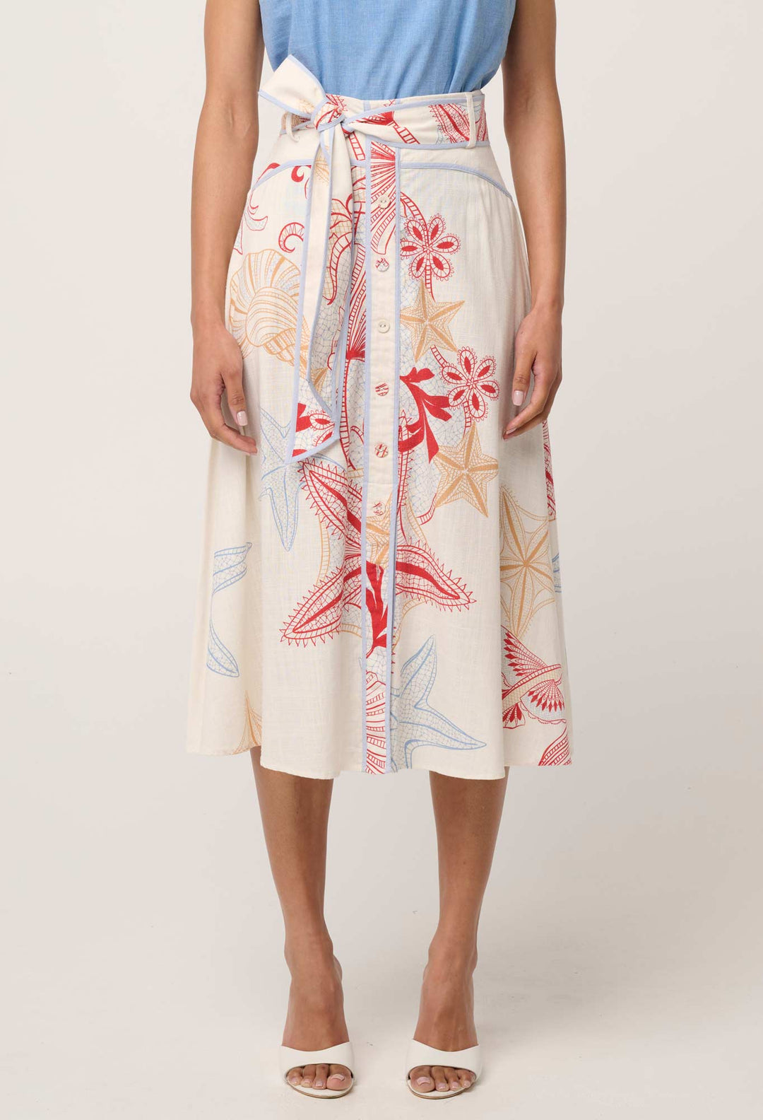Selvia Viscose Linen Contrast Bind Skirt in Maritime Jewel