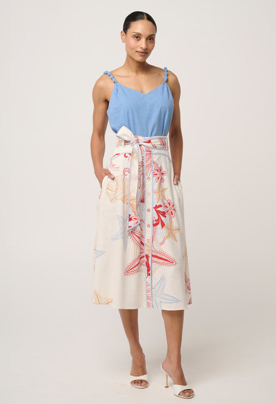 Selvia Viscose Linen Contrast Bind Skirt in Maritime Jewel