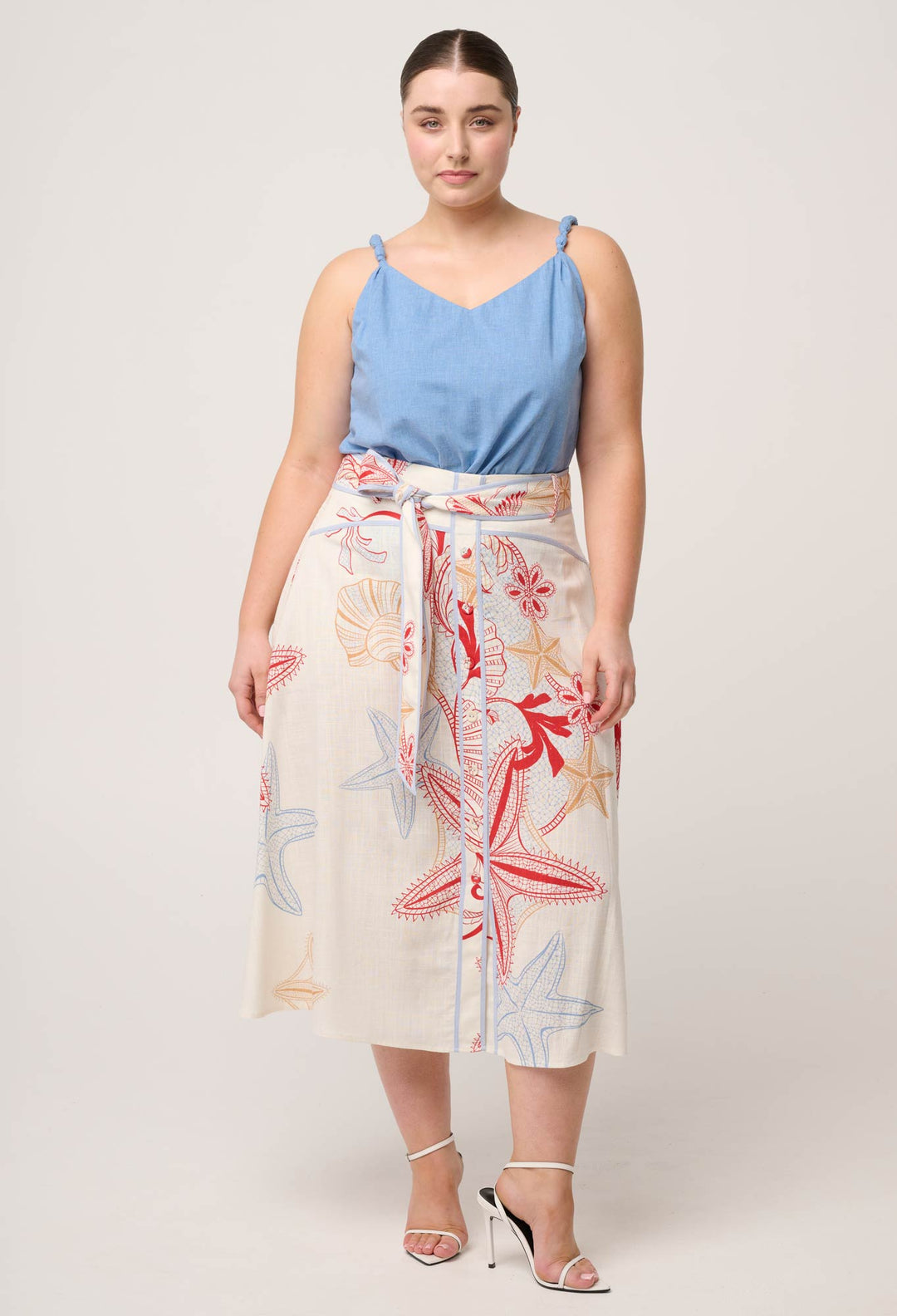 Selvia Viscose Linen Contrast Bind Skirt in Maritime Jewel