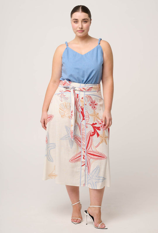 Selvia Viscose Linen Contrast Bind Skirt in Maritime Jewel