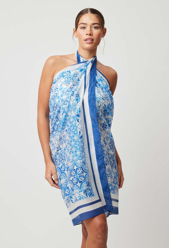 Elena Cotton Silk Sarong in Azure Border