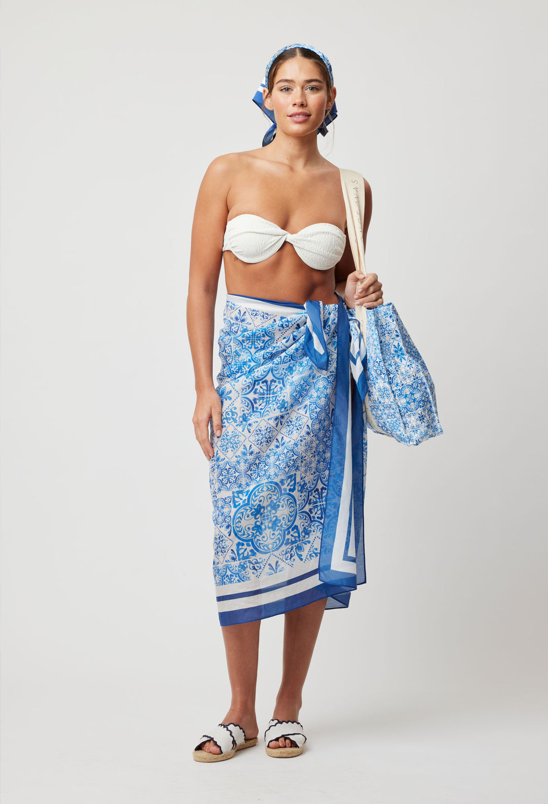 OnceWas Elena Cotton Silk Sarong in Azure Border