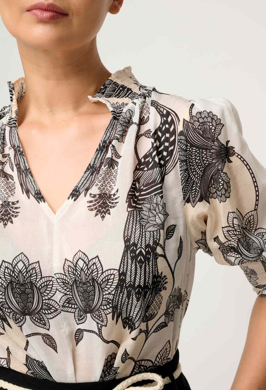 OnceWas PETITE Oleander Cotton Silk Shirred Blouse in Imperial Stone