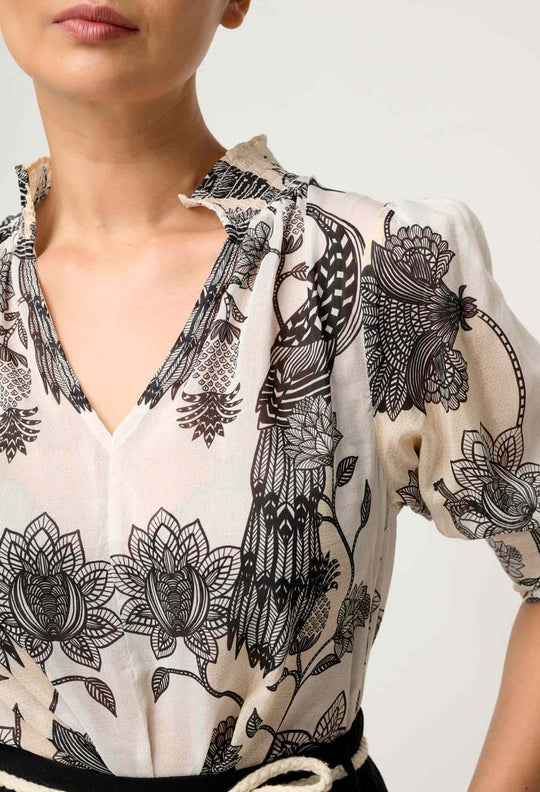 OnceWas PETITE Oleander Cotton Silk Shirred Blouse in Imperial Stone