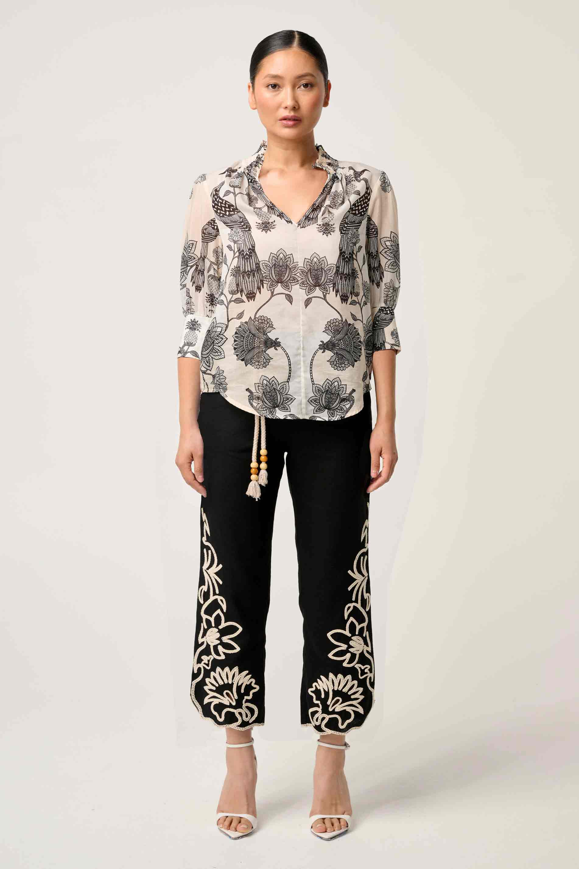 OnceWas PETITE Oleander Cotton Silk Shirred Blouse in Imperial Stone