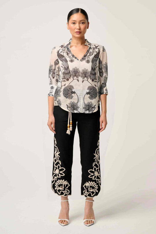 OnceWas PETITE Oleander Cotton Silk Shirred Blouse in Imperial Stone