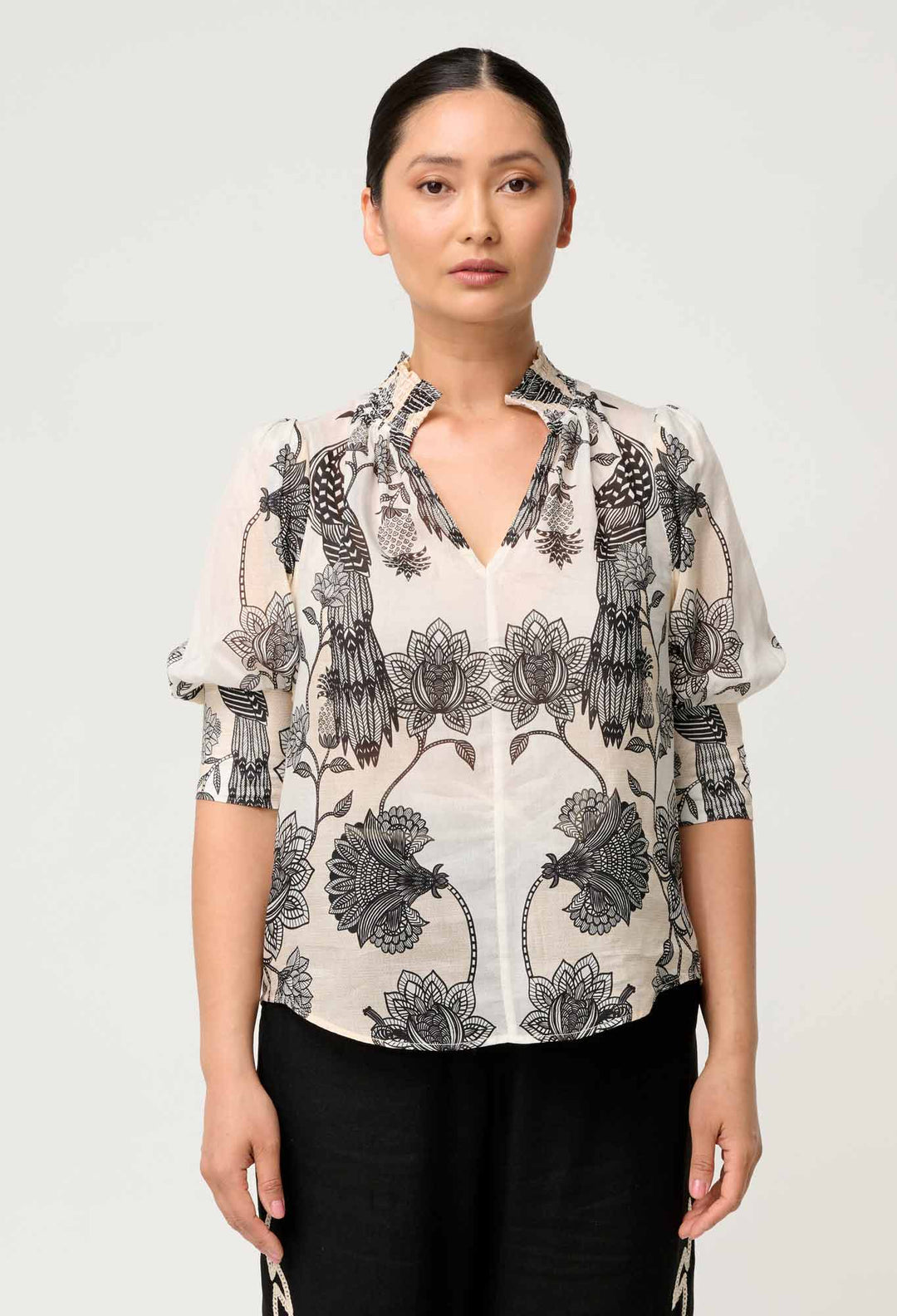 OnceWas PETITE Oleander Cotton Silk Shirred Blouse in Imperial Stone