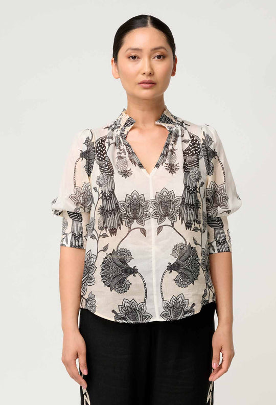 OnceWas PETITE Oleander Cotton Silk Shirred Blouse in Imperial Stone