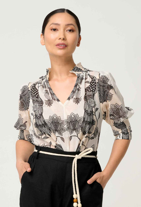 OnceWas PETITE Oleander Cotton Silk Shirred Blouse in Imperial Stone