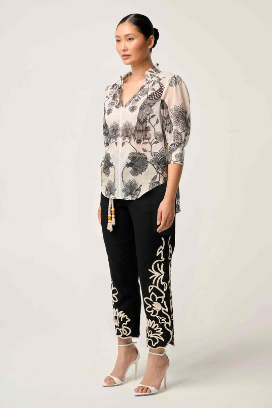 OnceWas PETITE Oleander Cotton Silk Shirred Blouse in Imperial Stone