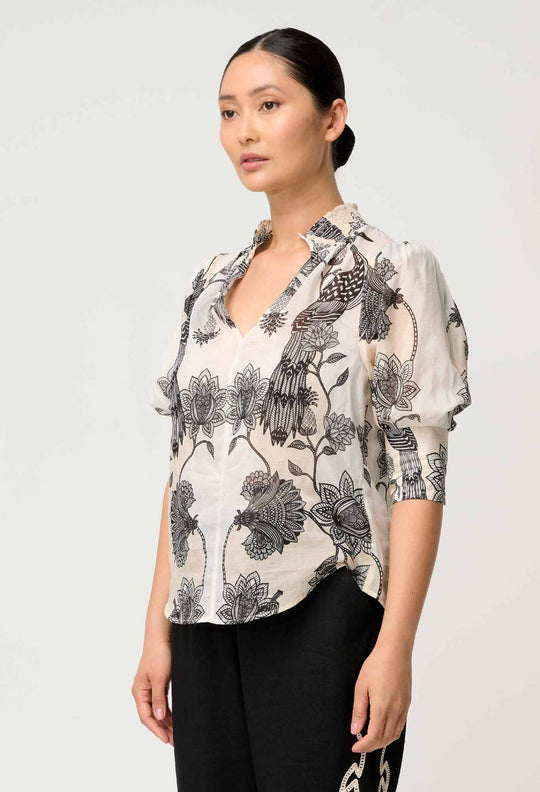 OnceWas PETITE Oleander Cotton Silk Shirred Blouse in Imperial Stone