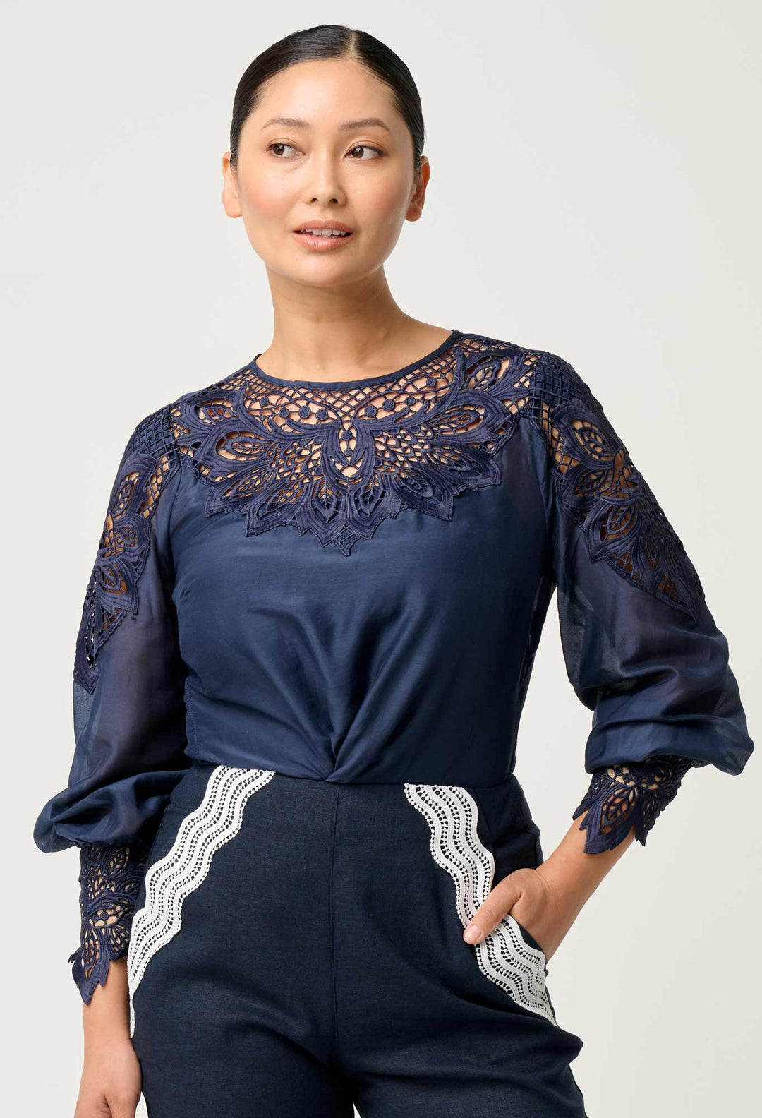 OnceWas PETITE Mirador Cotton Silk Blouse in Night Sky