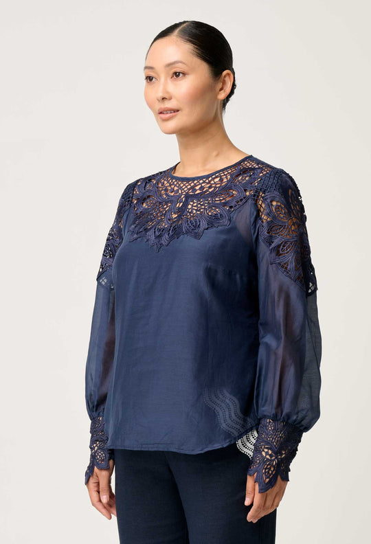 OnceWas PETITE Mirador Cotton Silk Blouse in Night Sky