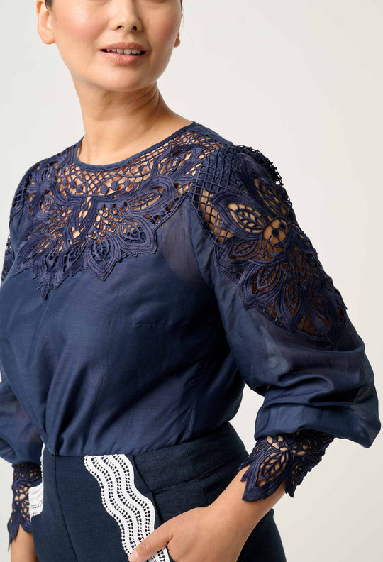 OnceWas PETITE Mirador Cotton Silk Blouse in Night Sky