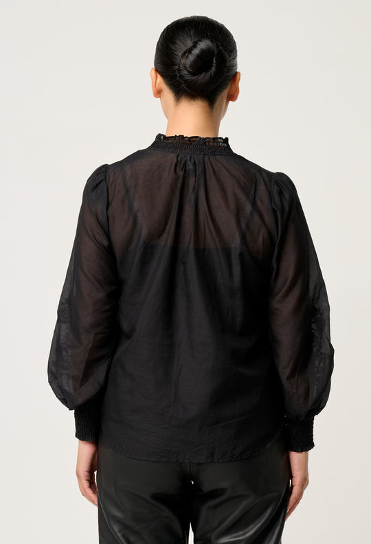 OnceWas PETITE Catalina Embroidered Cotton Silk Blouse in Black Flores