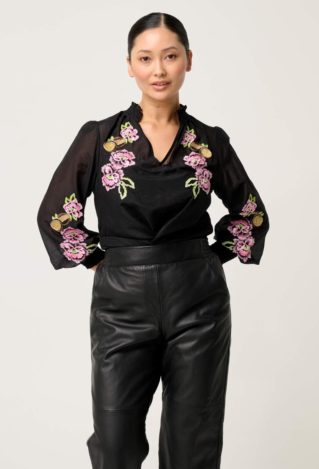 OnceWas PETITE Catalina Embroidered Cotton Silk Blouse in Black Flores