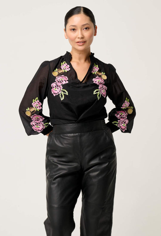 OnceWas PETITE Catalina Embroidered Cotton Silk Blouse in Black Flores