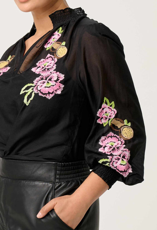 OnceWas PETITE Catalina Embroidered Cotton Silk Blouse in Black Flores