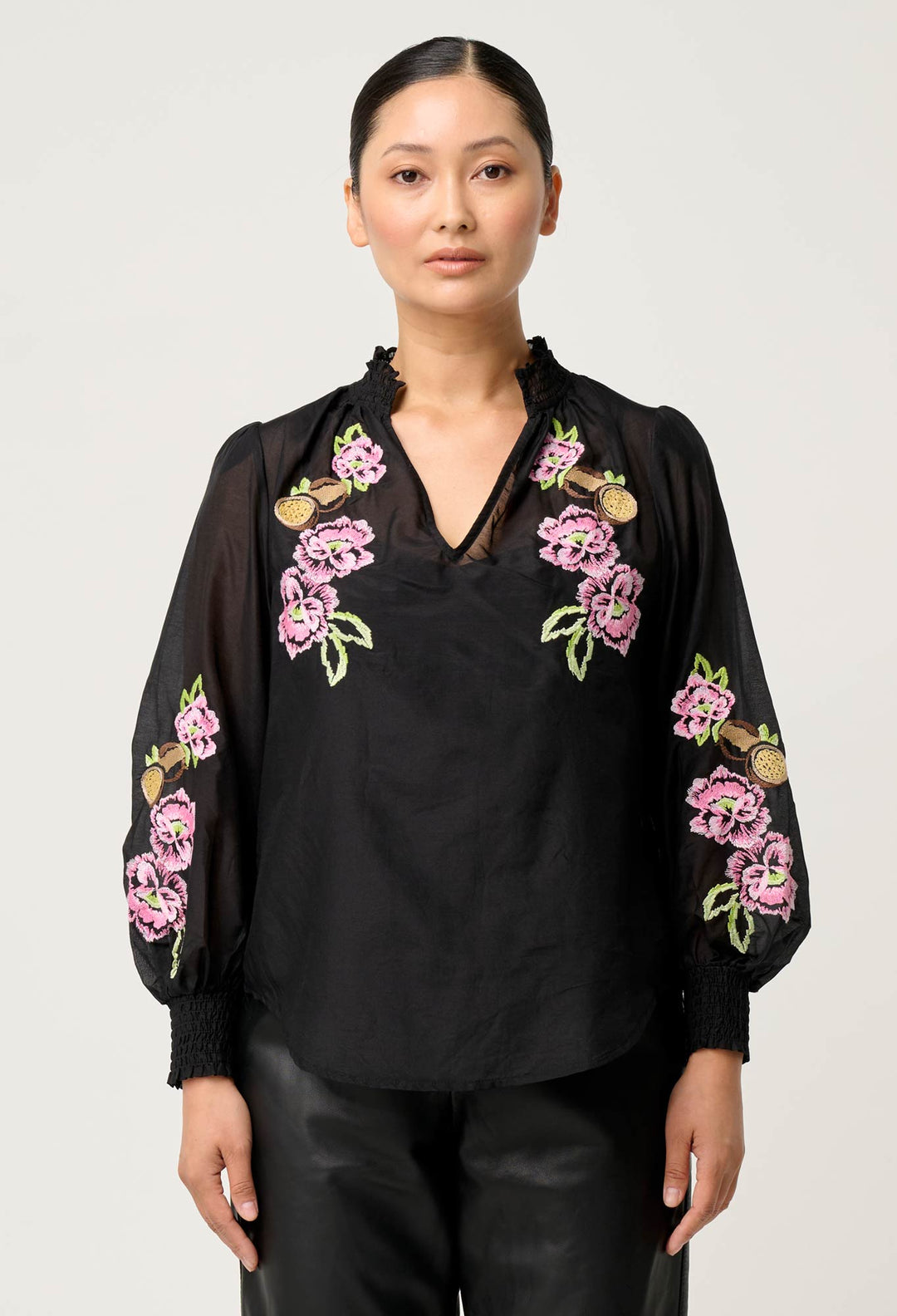 OnceWas PETITE Catalina Embroidered Cotton Silk Blouse in Black Flores