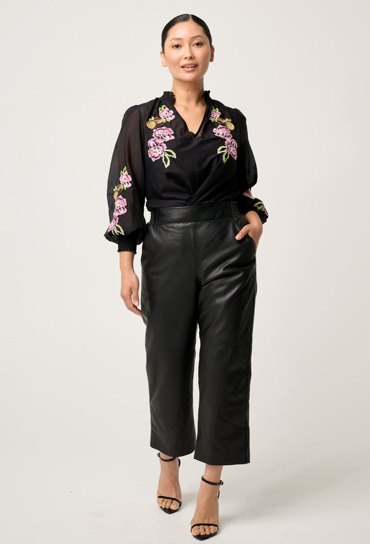 OnceWas PETITE Catalina Embroidered Cotton Silk Blouse in Black Flores
