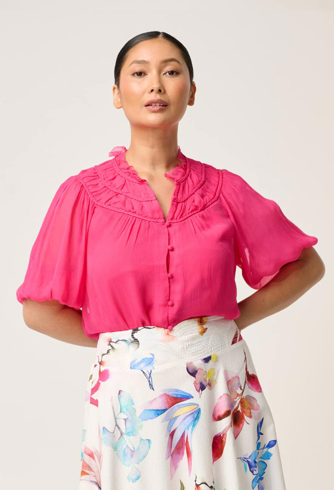 OnceWas PETITE Selini Braided Neck Viscose Chiffon Blouse in Celosia Pink