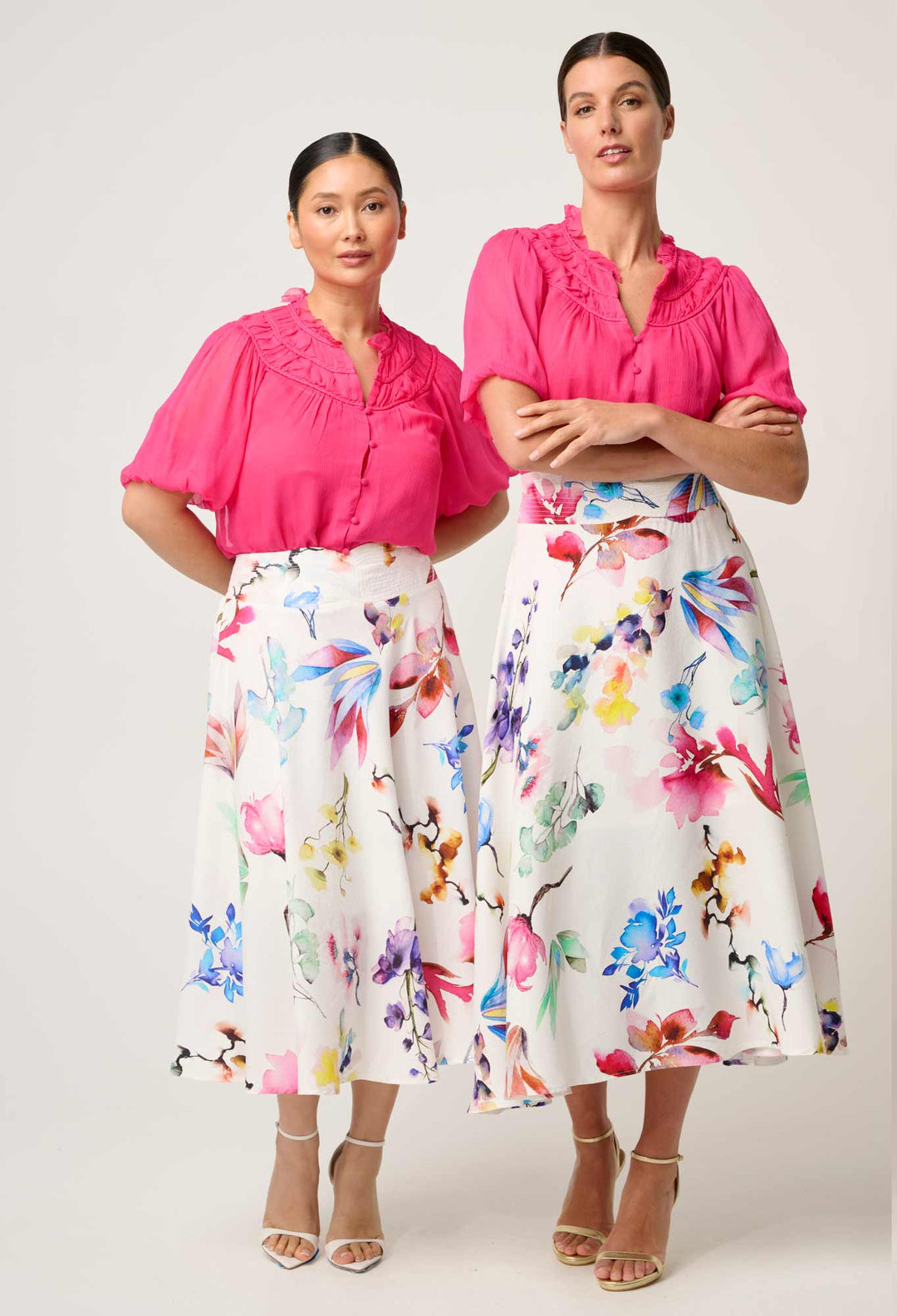 OnceWas PETITE Selini Braided Neck Viscose Chiffon Blouse in Celosia Pink